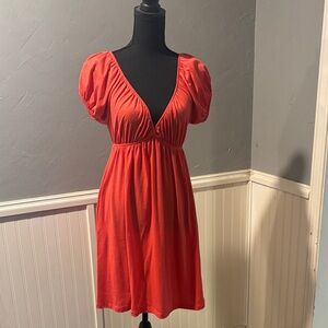 V-Neck Puff Sleeve Mini Dress in Coral Red